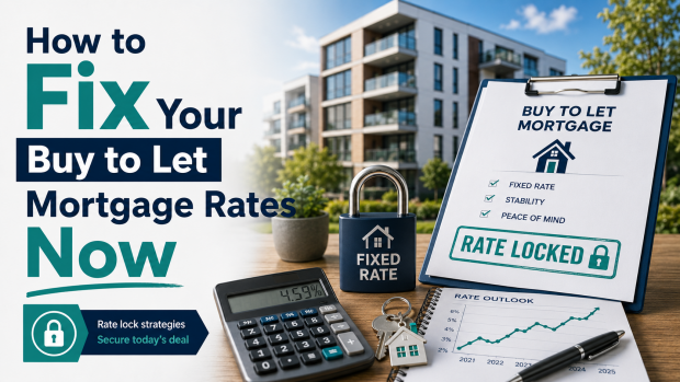 How to fix your buy to let mortgage rate now Graphic for “How to Fix Your Buy to Let Mortgage Rates Now” showing 2-year or 5-year fixed-rate buy-to-let mortgages, with a mortgage comparison clipboard, calculator and to let sign.