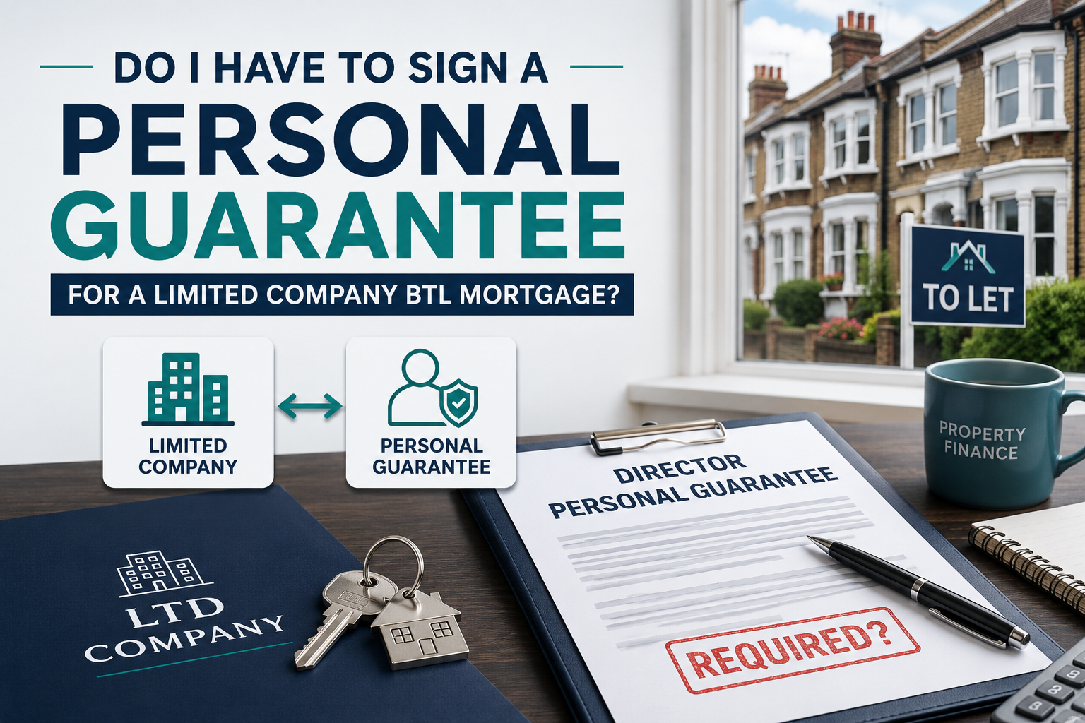 Illustration showing a limited company buy-to-let mortgage and a director’s personal guarantee, with UK terraced houses and a To Let sign in the background.
