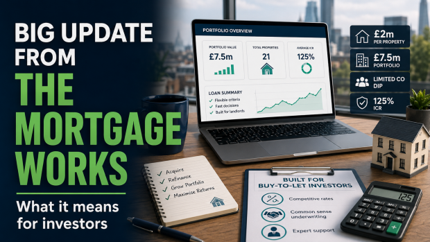 Big update to buy to let mortgages announced by TMW The Mortgage Works buy-to-let update graphic showing portfolio borrowing limits, limited company lending criteria, mortgage paperwork and investor planning notes.