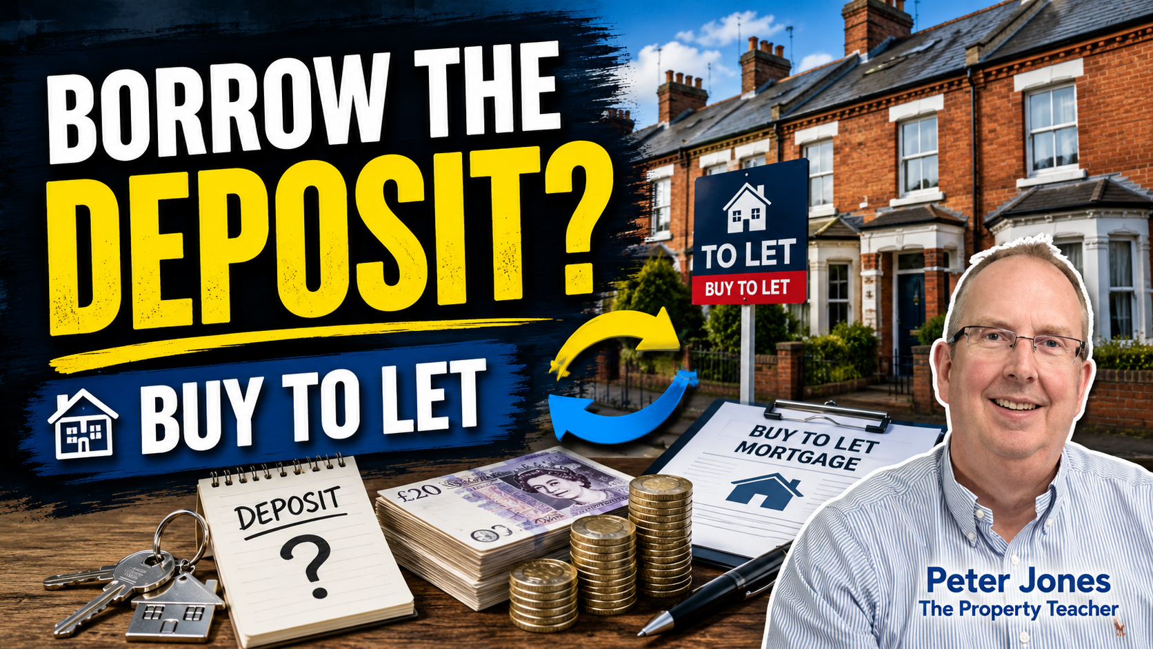 Buy to let mortgage thumbnail asking Borrow the deposit, with terraced houses, cash, coins and mortgage paperwork.