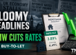 TMW buy-to-let mortgage rates cut graphic showing a gloomy city skyline, falling-rate theme and the headline about mortgage rates being reduced despite negative economic news.