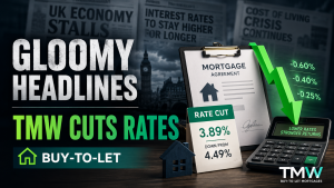 TMW buy-to-let mortgage rates cut graphic showing a gloomy city skyline, falling-rate theme and the headline about mortgage rates being reduced despite negative economic news.