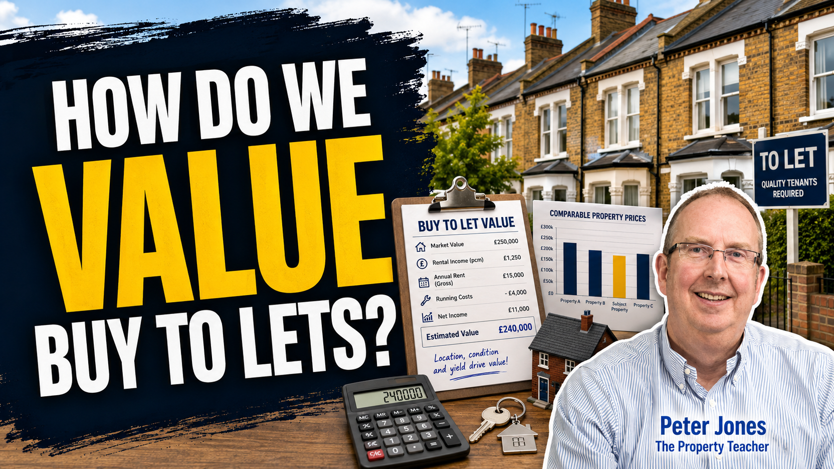 Buy to let valuation thumbnail asking How do we value buy to lets, with terraced houses, valuation notes and calculator.