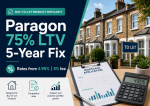 Featured image for an article about a Paragon buy-to-let mortgage product, showing property finance paperwork, mortgage figures and a buy-to-let investment theme.
