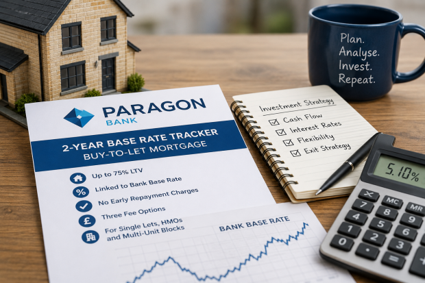 Alt text: Paragon two-year base rate tracker buy-to-let mortgage graphic showing mortgage paperwork, a bank base rate chart, calculator and property investment checklist.