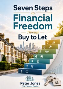 Seven Steps to Financial Freedom Through Buy to Let special report cover, showing terraced houses, a city skyline, numbered steps and house keys.