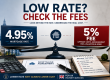 Buy-to-let mortgage comparison graphic showing a low headline rate, product fee warning, calculator and property finance paperwork.