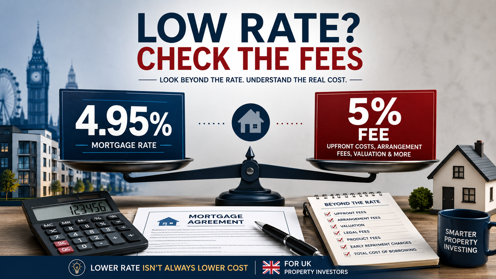 Buy-to-let mortgage comparison graphic showing a low headline rate, product fee warning, calculator and property finance paperwork.