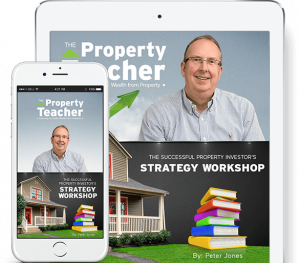Peter Jones , author, property investor and ex-Chartered Surveyor with phone and tablet graphic displaying The Property Teacher logo and The Successful Property Investor's Strategy Workshop