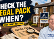 Modern method of auction legal pack thumbnail asking “Check the legal pack when?”, with terraced houses, auction sign, legal pack folder, gavel and presenter.
