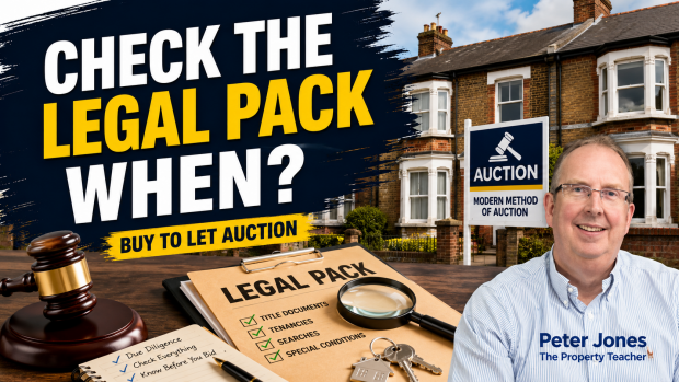when to check the legal pack for a modern method of auction purchase Modern method of auction legal pack thumbnail asking “Check the legal pack when?”, with terraced houses, auction sign, legal pack folder, gavel and presenter.