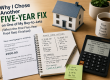 Buy-to-let mortgage decision graphic showing a five-year fixed-rate choice, mortgage letter, calculator and property finance notes.