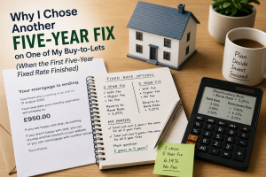 Buy-to-let mortgage decision graphic showing a five-year fixed-rate choice, mortgage letter, calculator and property finance notes.